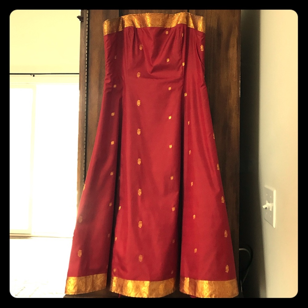 Strapless red dress with gold trim